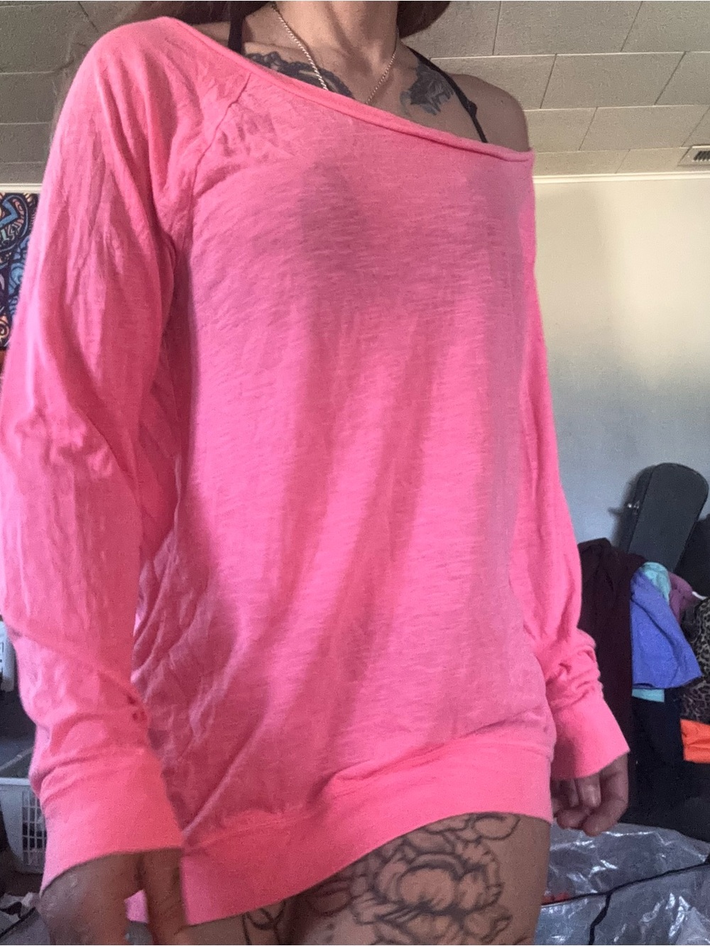 PINK Victoria's Secret Bright Pink Off-the-Shoulder Lightweight Sweater